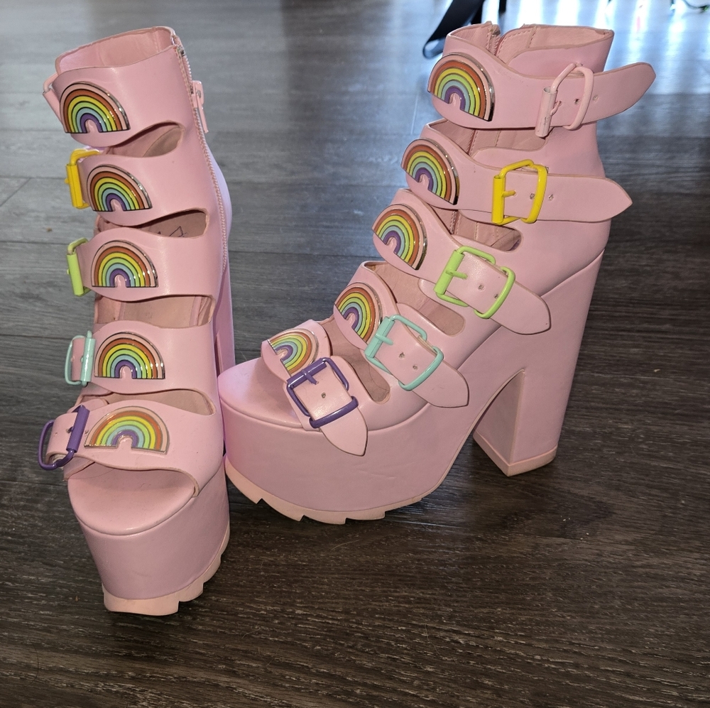 Rare Pink Rainbow Buckle Platform Heels Yru